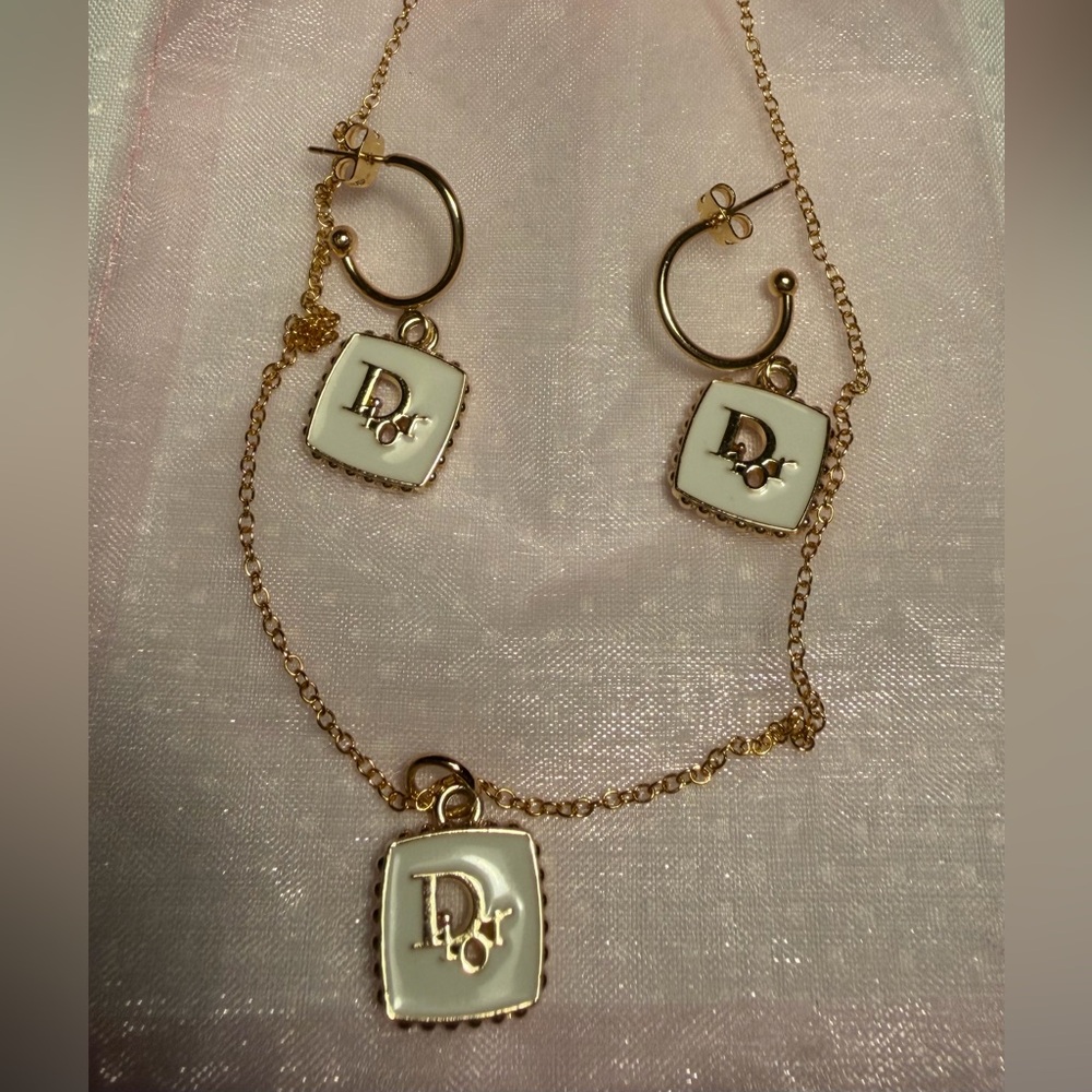 Upcycked Dior Gold and White Earrings and necklace set.